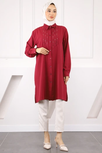 Bordo Önü Taş Detaylı Linda Tunik