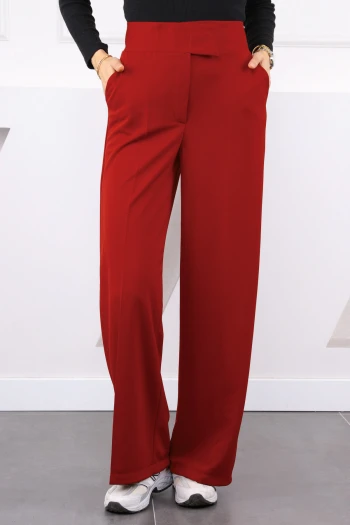 Bordo Yüksek Bel Beli Cırt Cırtlı Palozzo Pantolon