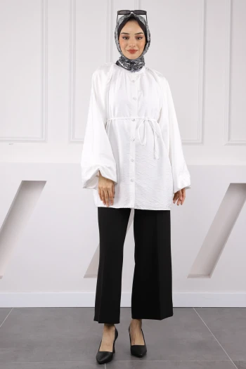 Ekru Balon Kol Kuşaklı Gömlek