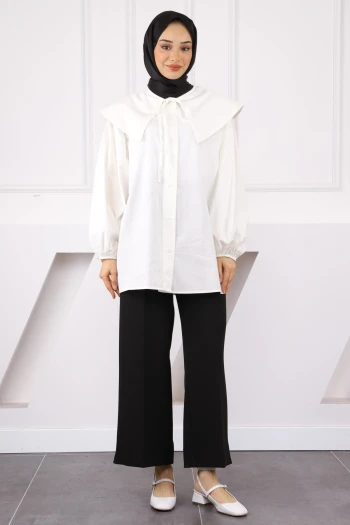 Ekru Bebe Yaka Balon Kol Gömlek