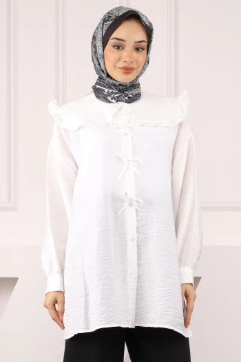 Ekru Bebe Yaka Fiyonk Detaylı Tunik