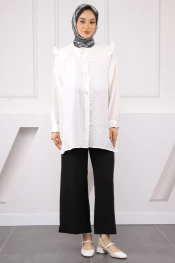 Ekru Bebe Yaka Fiyonk Detaylı Tunik