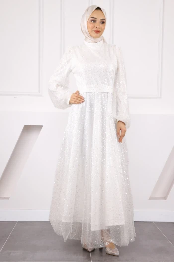 Ekru Boncuklu Payetli Abiye