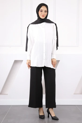 Ekru Kol Detaylı Gömlek