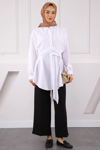 Ekru Kuşak Detaylı Bürümcük Gömlek