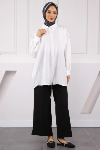 Ekru Pul Nakışlı Düğmeli Gömlek