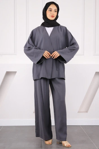 Füme Bel Bağlamalı Modal Kimono Pantolonlu Takım
