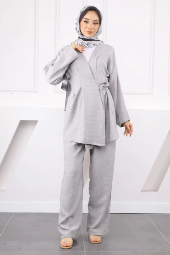 Gri Çapraz Bağlamalı Keten Kimono Pantolon Takım