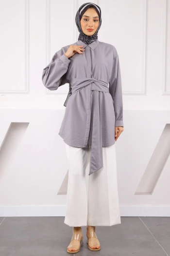 Gri Kuşak Detaylı Bürümcük Gömlek