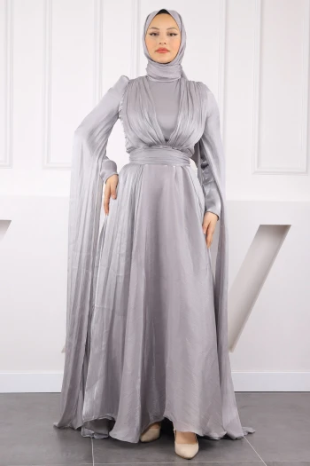 Gri Omuz Detaylı Drapeli Abiye