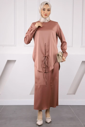 Gül Kurusu Önden Bağlamalı Tunik Etekli Saten Takım