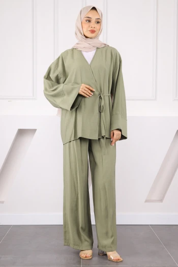 Haki Bel Bağlamalı Modal Kimono Pantolonlu Takım