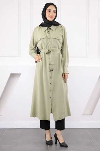Haki Bel Kemerli Gömlek Elbise