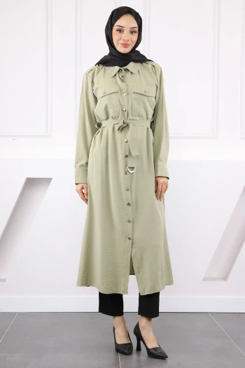 Haki Bel Kemerli Gömlek Elbise
