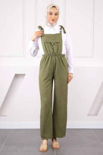 Haki Cep Detaylı Keten Tulum