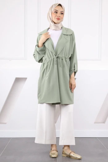 Haki Kruvaze Yaka Büzgülü Ceket