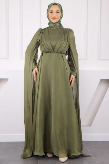 Haki Omuz Detaylı Drapeli Abiye