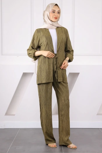 Haki Ön Bağlamalı Kimono Pantolonlu Takım