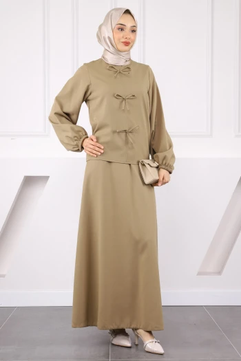 Haki Önü Fiyonklu Krep Bluz Etekli Takım