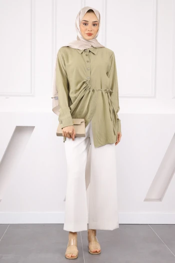 Haki Yan Bağlamalı Düğmeli Gömlek