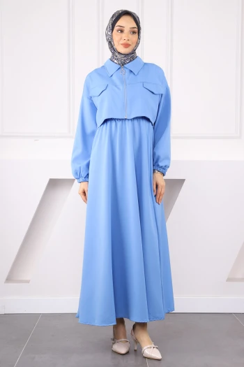 İndigo Ceket Kombinli Bel Lastikli Elbise