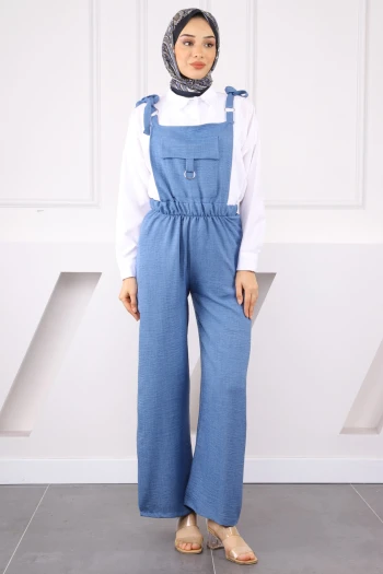 İndigo Cep Detaylı Keten Tulum