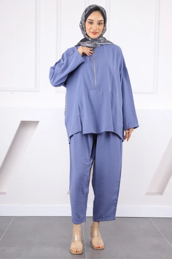 İndigo Yaka Fermuarlı Tunik Pantolonlu Takım