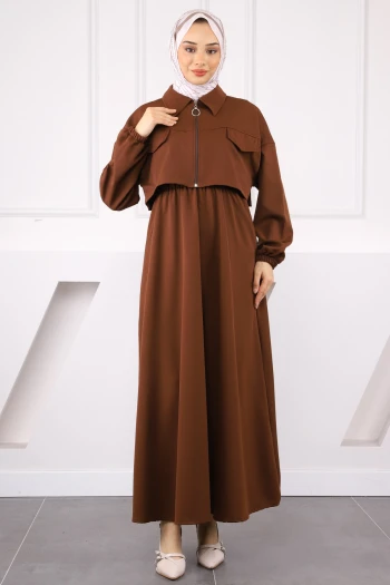 Kahverengi Ceket Kombinli Bel Lastikli Elbise