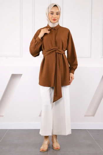 Kahverengi Kuşak Detaylı Bürümcük Gömlek
