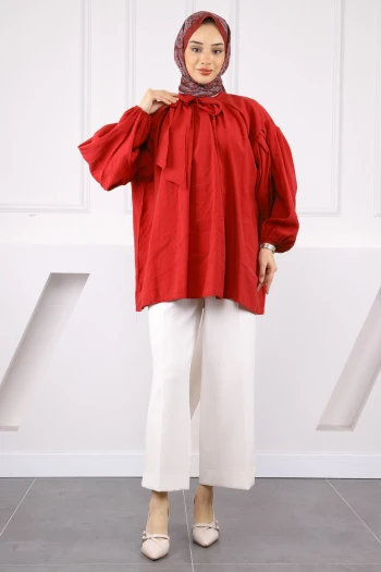 Kırmızı Yaka Detaylı Balon Kol Tunik