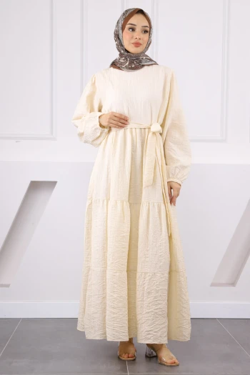 Krem Bel Kuşaklı Gofralı Fırfırlı Elbise