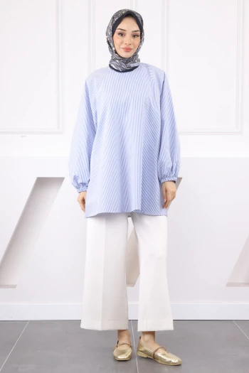 Lacivert Balon Kol Çizgili Tunik