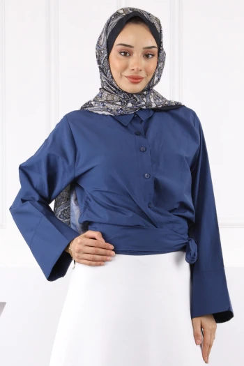 Lacivert Bel Bağlamalı Gömlek