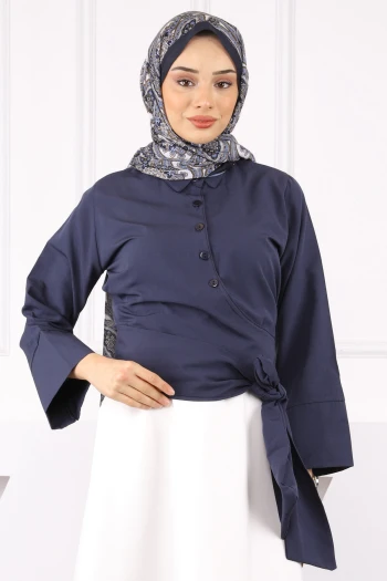 Lacivert Bel Bağlamalı Gömlek