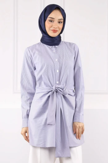 Lacivert Bel Bağlamalı Tunik
