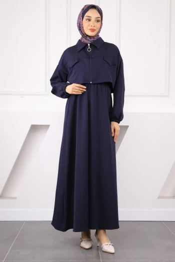 Lacivert Ceket Kombinli Bel Lastikli Elbise