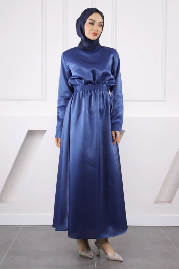 Lacivert Bel Lastikli Saten Kuşaklı Abiye