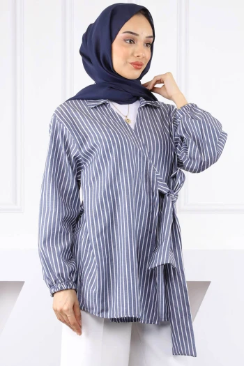 Lacivert Çizgili Yan Bağlamalı Kimono