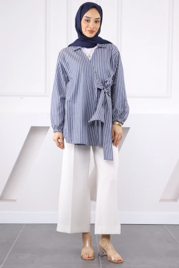 Lacivert Çizgili Yan Bağlamalı Kimono