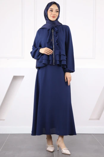 Lacivert Fermuarlı Ceket Etekli Krep Takım