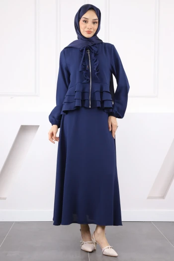 Lacivert Fermuarlı Ceket Etekli Krep Takım