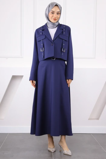 Lacivert Kemer Detaylı Ceket Etekli Takım