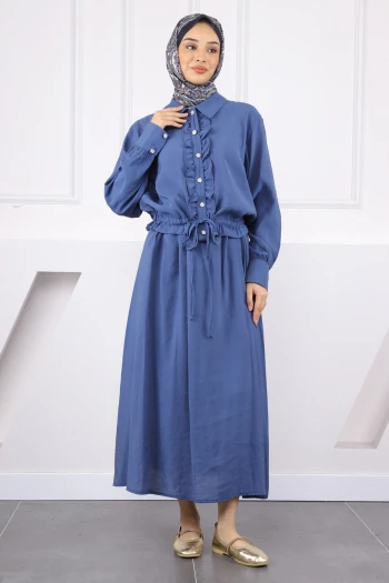 Lacivert Önü Fırfırlı Modal Gömlek Etekli Takım