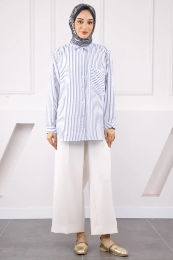 Lacivert Tek Cepli Çizgili Gömlek