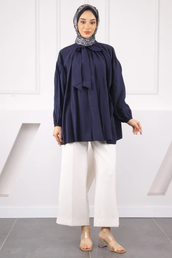Lacivert Yaka Detaylı Balon Kol Tunik