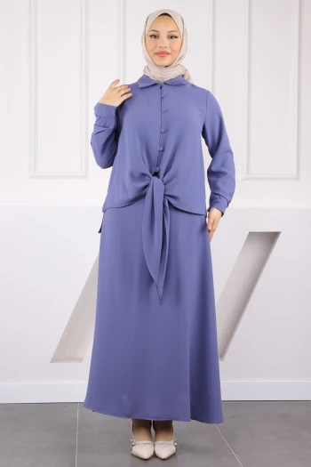 Lila Ön Bağlamalı Gömlek Etekli Takım
