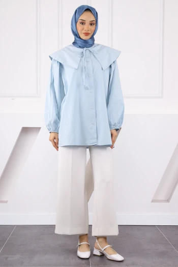 Mavi Bebe Yaka Balon Kol Gömlek