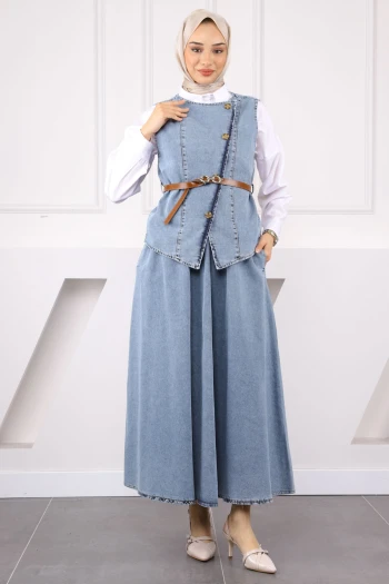 Mavi Bel Kemerli Yelek Etekli Kot Takım