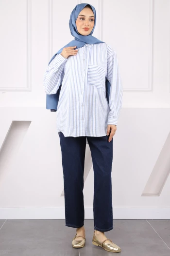 Mavi Tek Cepli Çizgili Gömlek