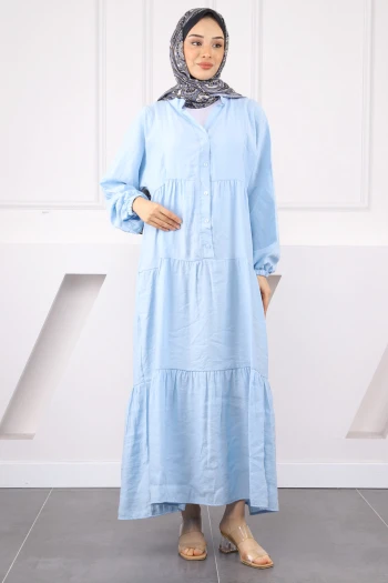 Mavi Yarım Düğmeli Modal Elbise